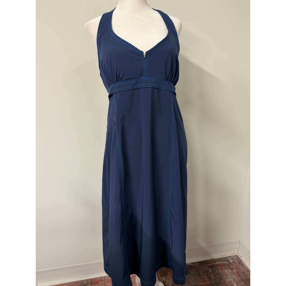 Athleta Womens 14 Navy Blue Dress Halter Midi Contrast Stitch Pockets - Picture 10 of 10